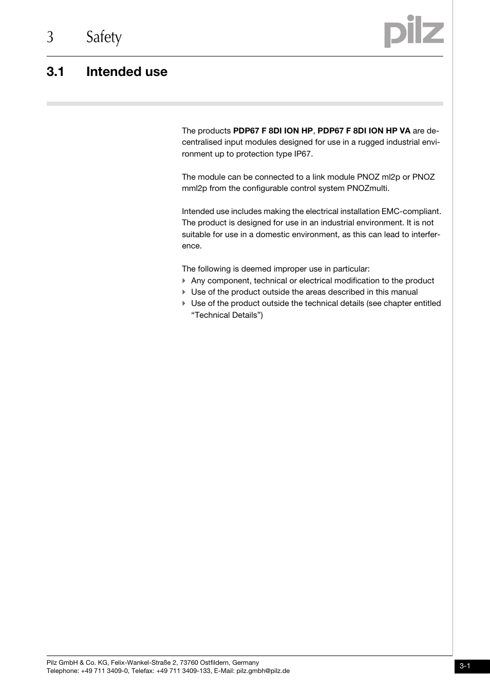 Safety, Intended use, 3safety | 1 intended use | Pilz PDP67 F 8DI ION HP User Manual | Page 11 / 37
