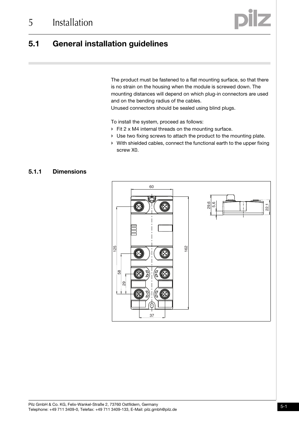 Installation, General installation guidelines, 1 dimensions | 5installation, 1 general installation guidelines | Pilz PDP67 F 8DI ION HP User Manual | Page 15 / 37