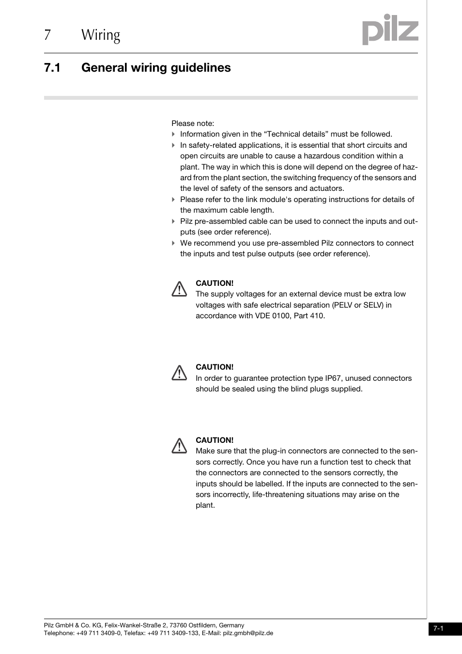 Wiring, General wiring guidelines, 7wiring | 1 general wiring guidelines | Pilz PDP67 F 8DI ION HP User Manual | Page 21 / 37