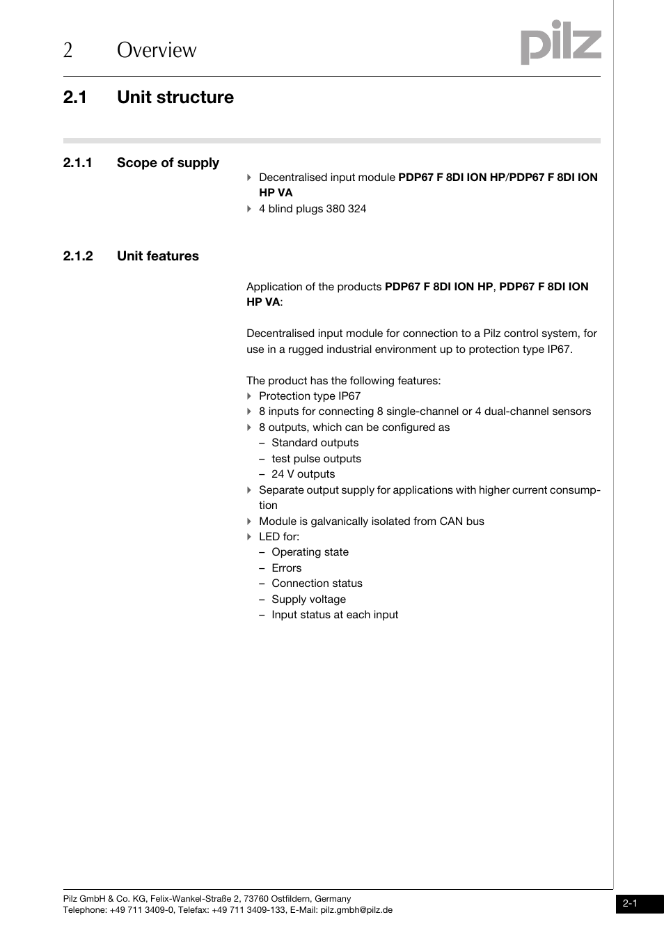 Overview, Unit structure, 1 scope of supply | 2 unit features, 2overview, 1 unit structure | Pilz PDP67 F 8DI ION HP User Manual | Page 9 / 37
