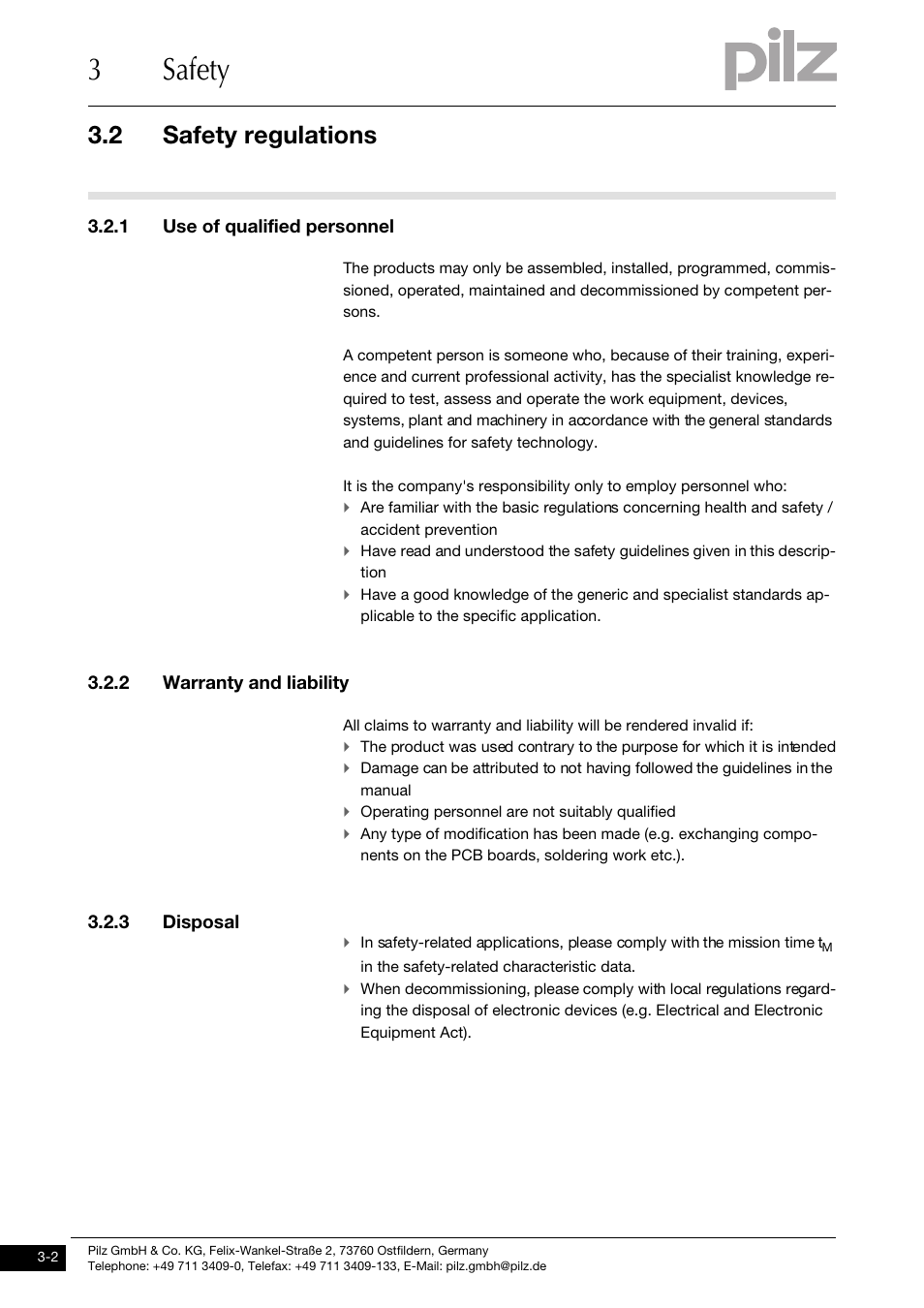 Safety regulations, 1 use of qualified personnel, 2 warranty and liability | 3 disposal, 3safety, 2 safety regulations | Pilz PDP67 F 4 code User Manual | Page 12 / 31