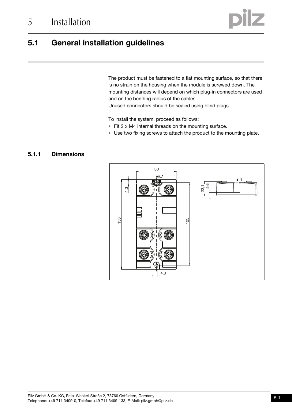 Installation, General installation guidelines, 1 dimensions | 5installation, 1 general installation guidelines | Pilz PDP67 F 4 code User Manual | Page 15 / 31