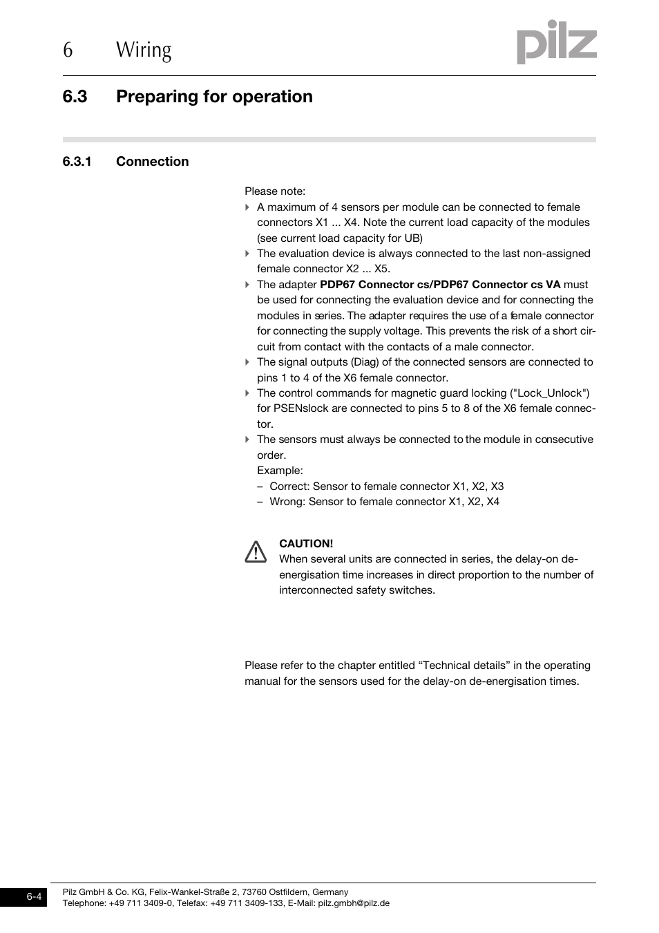 Preparing for operation, 1 connection, 6wiring | 3 preparing for operation | Pilz PDP67 F 4 code User Manual | Page 20 / 31