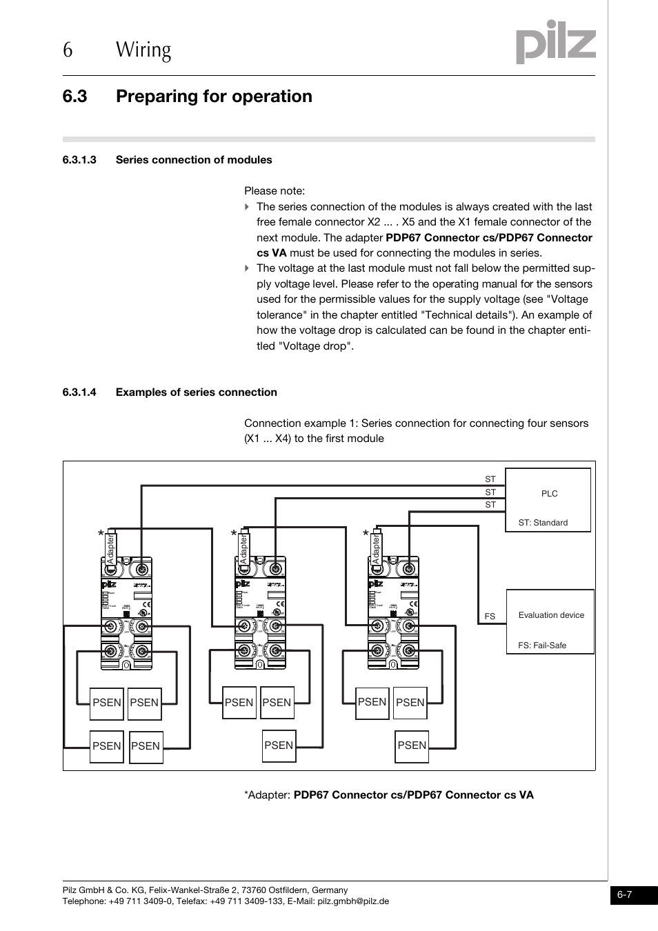 3 series connection of modules, 4 examples of series connection, 6wiring | 3 preparing for operation | Pilz PDP67 F 4 code User Manual | Page 23 / 31