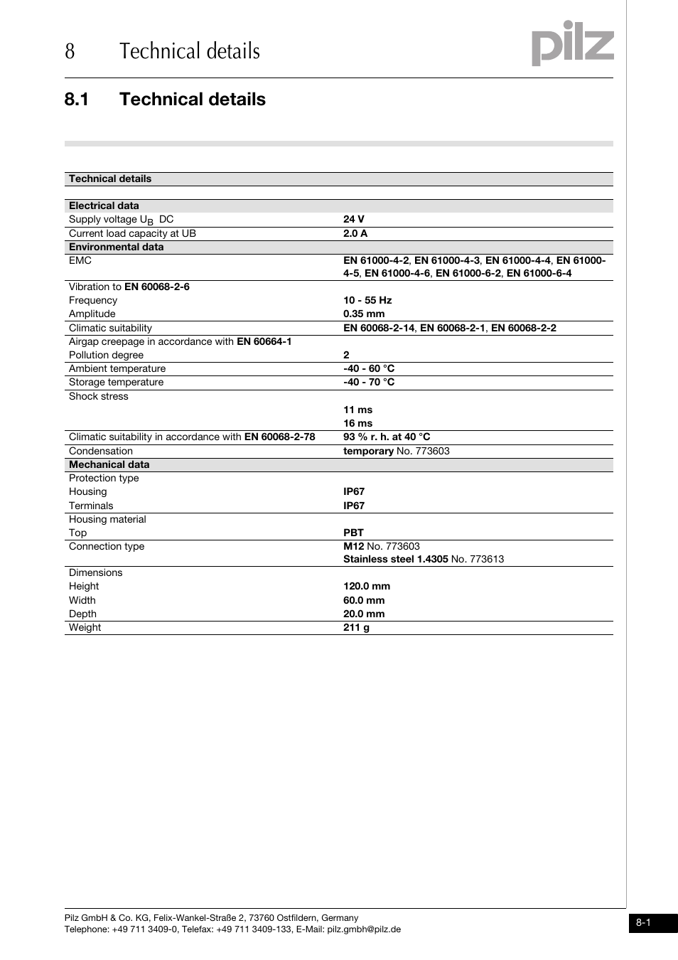 Technical details, 8technical details, 1 technical details | Pilz PDP67 F 4 code User Manual | Page 29 / 31