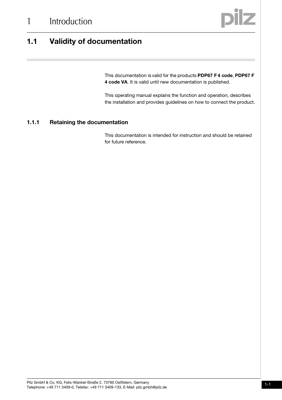 Introduction, Validity of documentation, 1 retaining the documentation | 1introduction, 1 validity of documentation | Pilz PDP67 F 4 code User Manual | Page 5 / 31