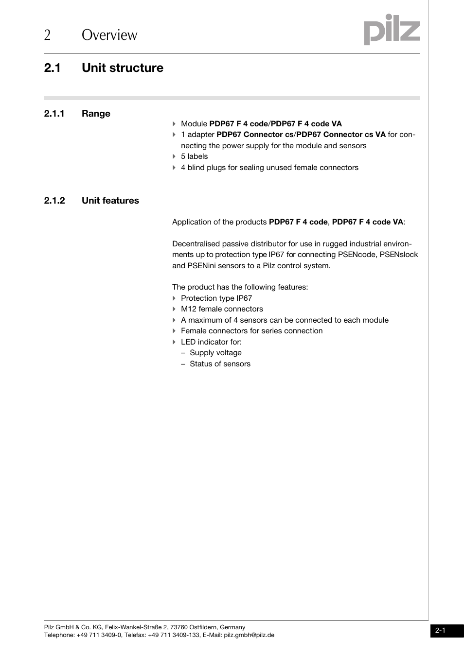 Overview, Unit structure, 1 range | 2 unit features, 2overview, 1 unit structure | Pilz PDP67 F 4 code User Manual | Page 9 / 31