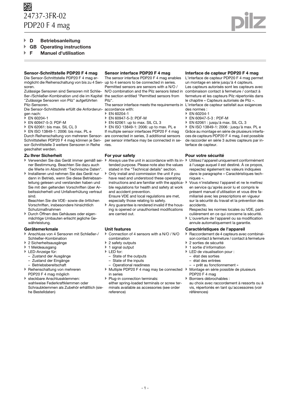 Pilz PDP20 F 4 mag User Manual | 8 pages