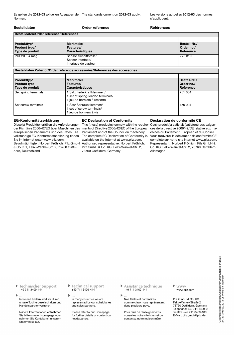 Bestelldaten order reference références, Eg-konformitätserklärung, Ec declaration of conformity | Déclaration de conformité ce | Pilz PDP20 F 4 mag User Manual | Page 8 / 8