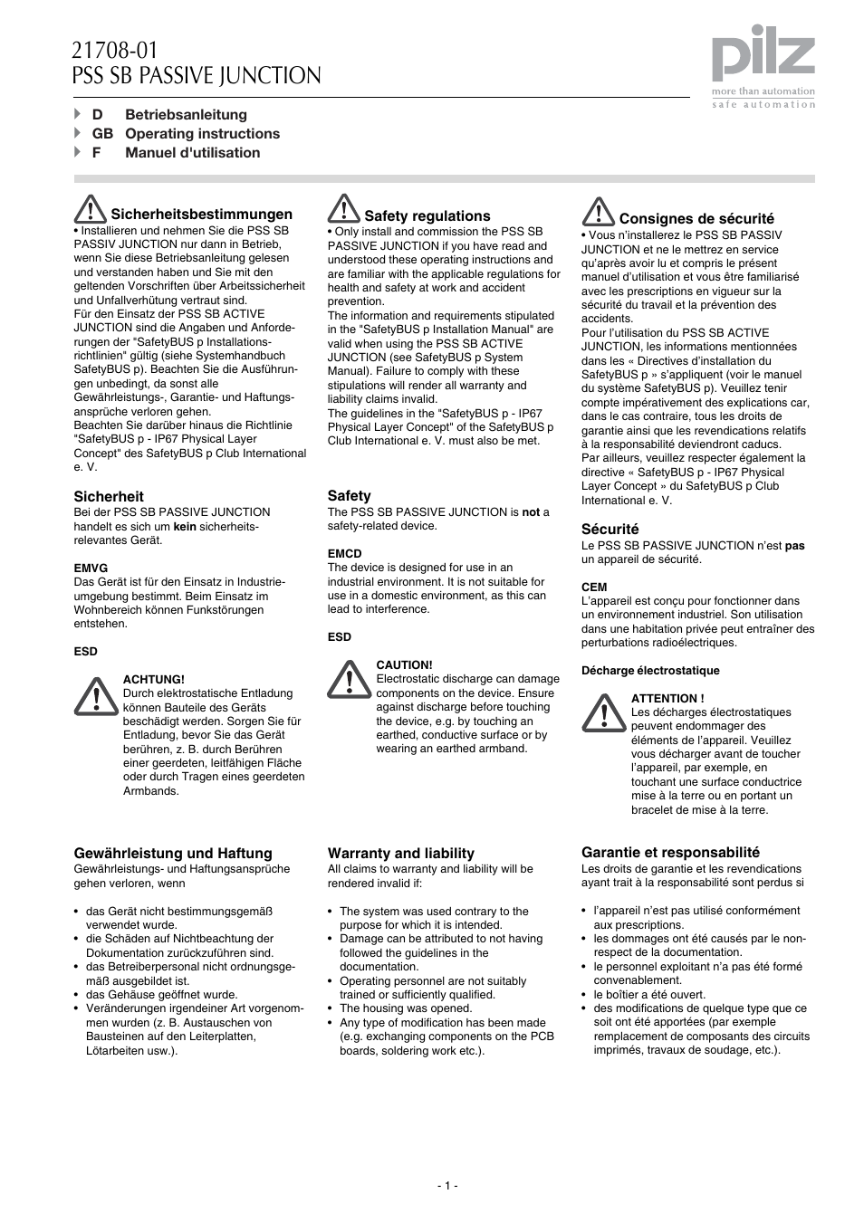 Pilz PSS SB Passive Junction User Manual | 8 pages