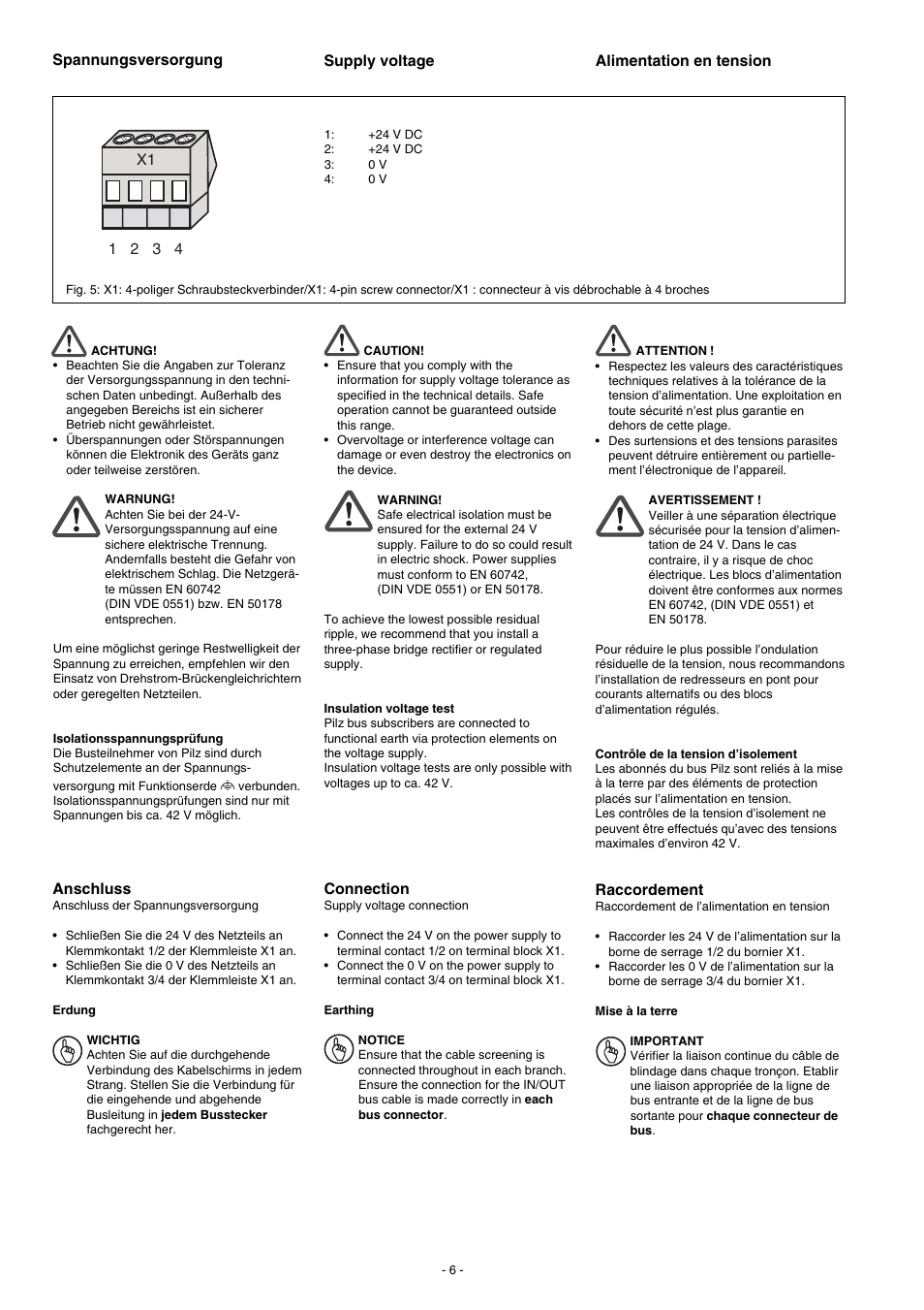 Supply voltage, Alimentation en tension, Raccordement | Anschluss, Connection | Pilz PSS SB Passive Junction User Manual | Page 6 / 8