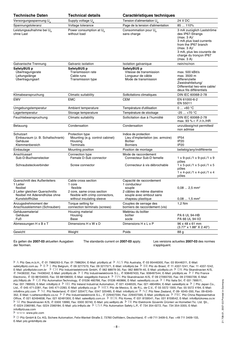 Technische daten, Technical details, Caractéristiques techniques | Pilz PSS SB Passive Junction User Manual | Page 8 / 8