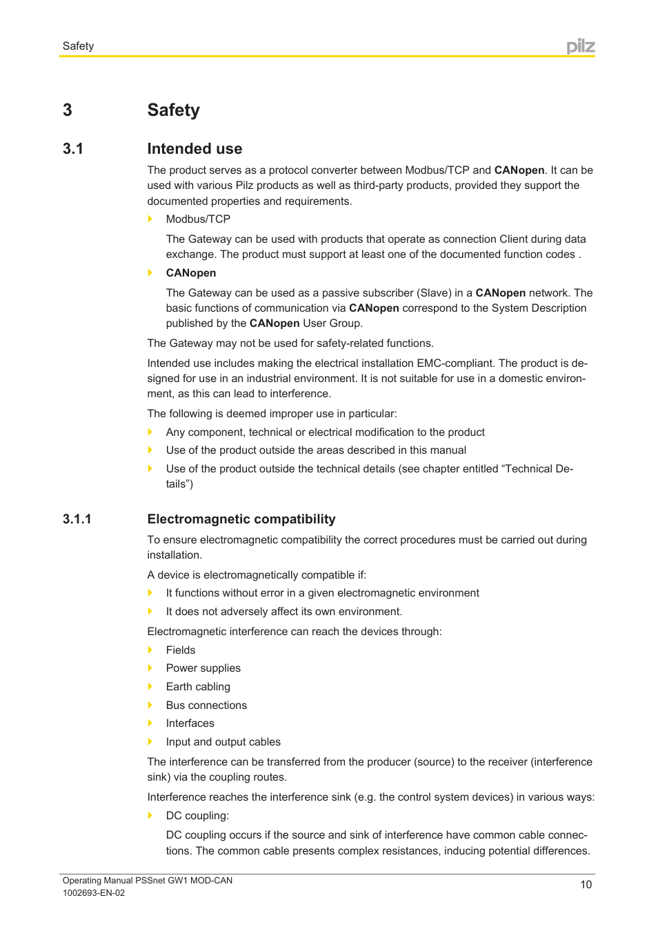 3 safety, 1 intended use, 1 electromagnetic compatibility | Section 3, Safety, Intended use, Electromagnetic compatibility | Pilz PSSnet GW1 MOD-CAN User Manual | Page 10 / 42