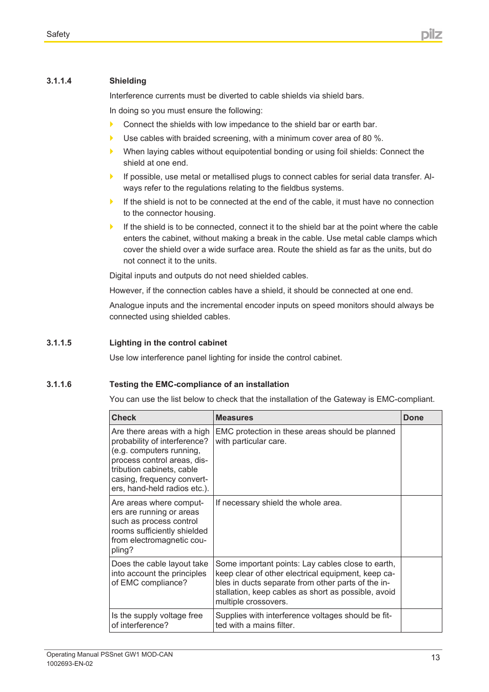 4 shielding, 5 lighting in the control cabinet, 6 testing the emc-compliance of an installation | Pilz PSSnet GW1 MOD-CAN User Manual | Page 13 / 42