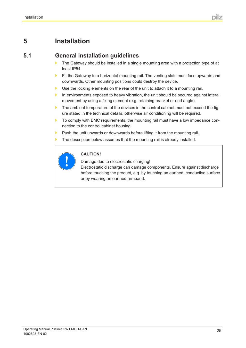 5 installation, 1 general installation guidelines, Section 5 | Installation, General installation guidelines | Pilz PSSnet GW1 MOD-CAN User Manual | Page 25 / 42