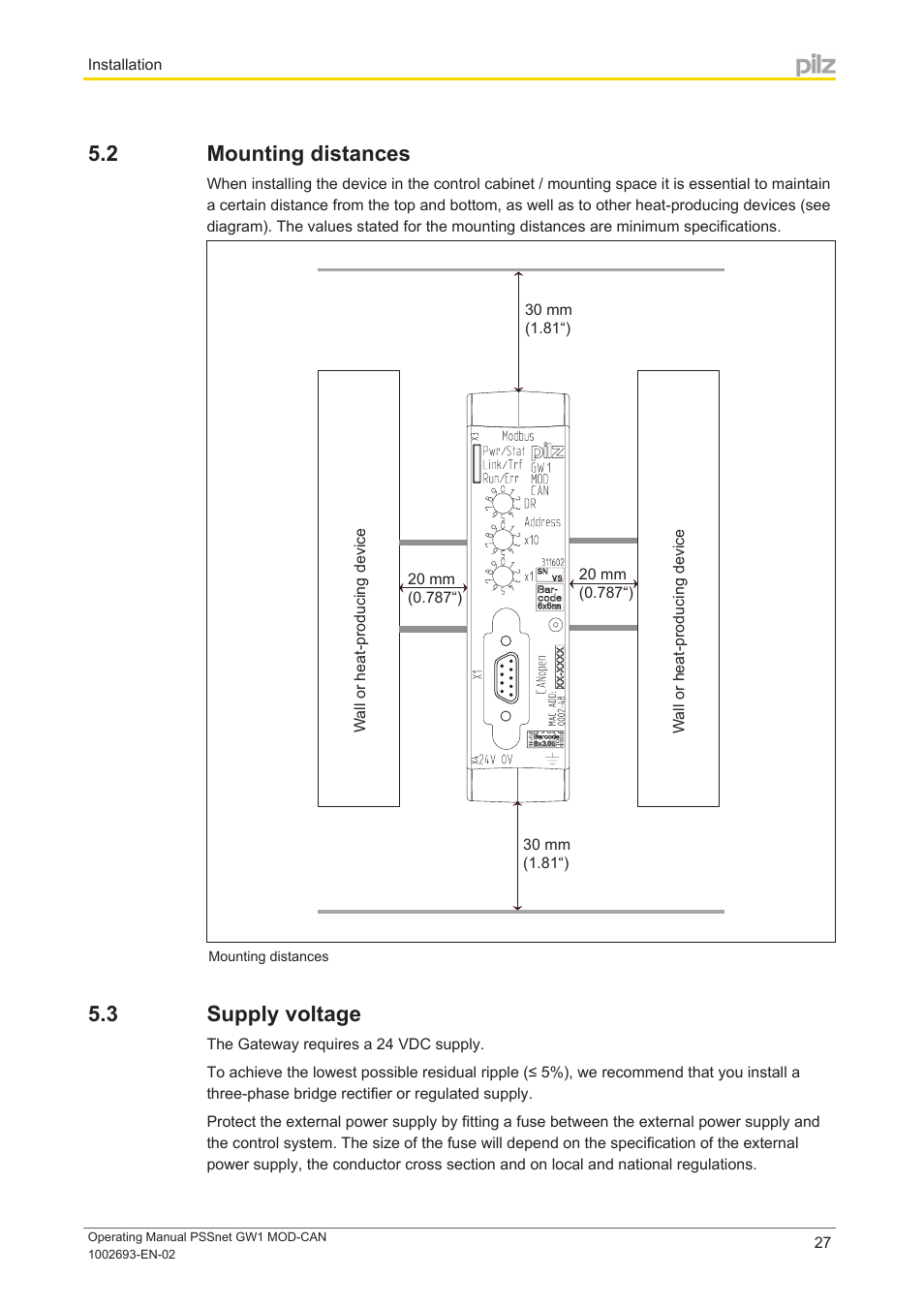 2 mounting distances, 3 supply voltage, Mounting distances | Supply voltage | Pilz PSSnet GW1 MOD-CAN User Manual | Page 27 / 42