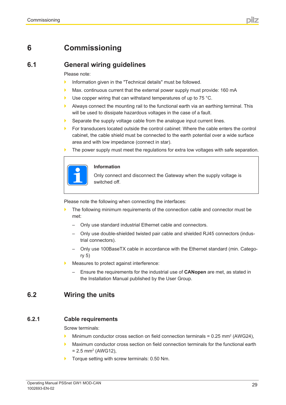 6 commissioning, 1 general wiring guidelines, 2 wiring the units | 1 cable requirements, Section 6, Commissioning, General wiring guidelines, Wiring the units, Cable requirements | Pilz PSSnet GW1 MOD-CAN User Manual | Page 29 / 42