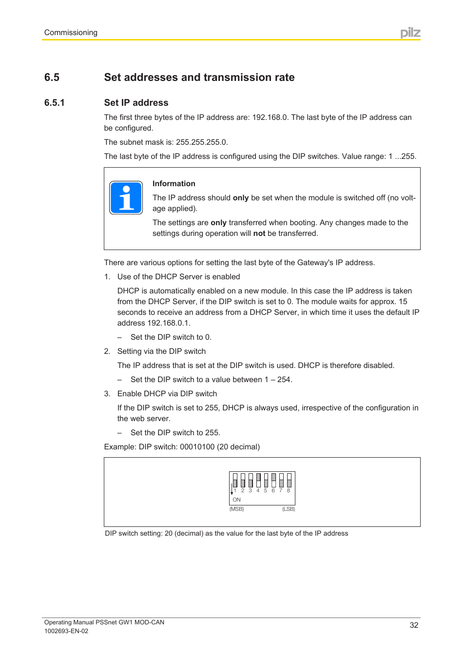 5 set addresses and transmission rate, 1 set ip address, Set addresses and transmission rate | Set ip address | Pilz PSSnet GW1 MOD-CAN User Manual | Page 32 / 42