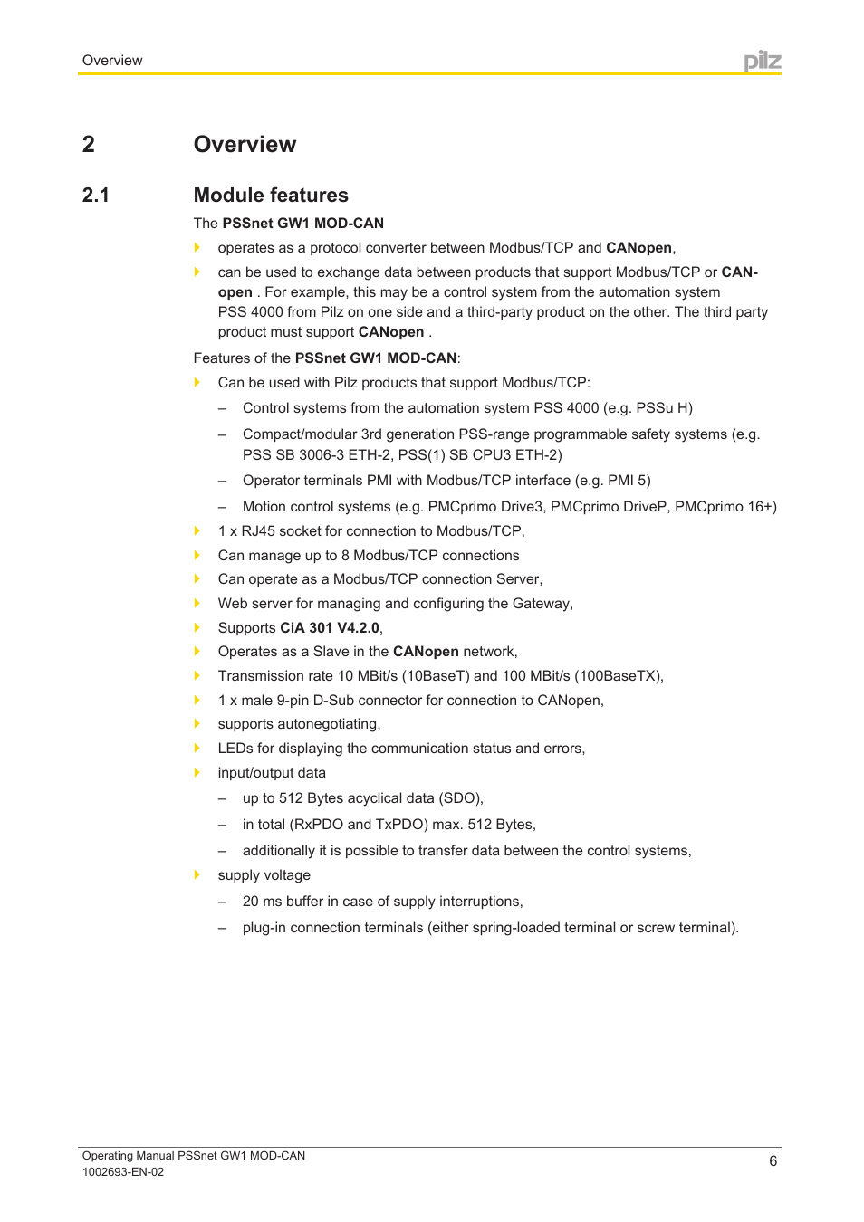 2 overview, 1 module features, Section 2 | Overview, Module features | Pilz PSSnet GW1 MOD-CAN User Manual | Page 6 / 42