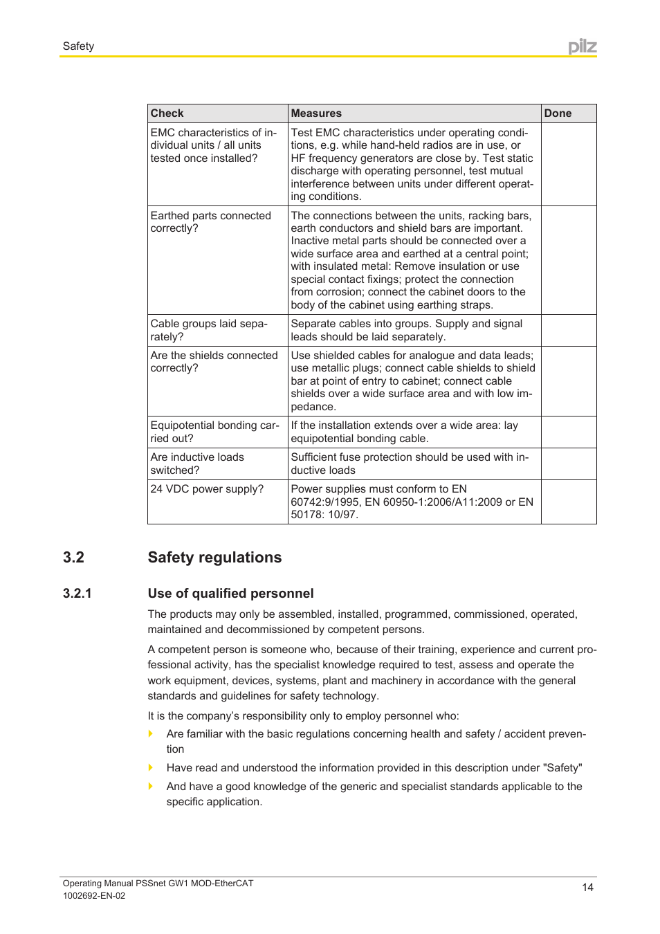 2 safety regulations, 1 use of qualified personnel, Safety regulations | Use of qualified personnel | Pilz PSSnet GW1 MOD-EtherCAT User Manual | Page 14 / 39