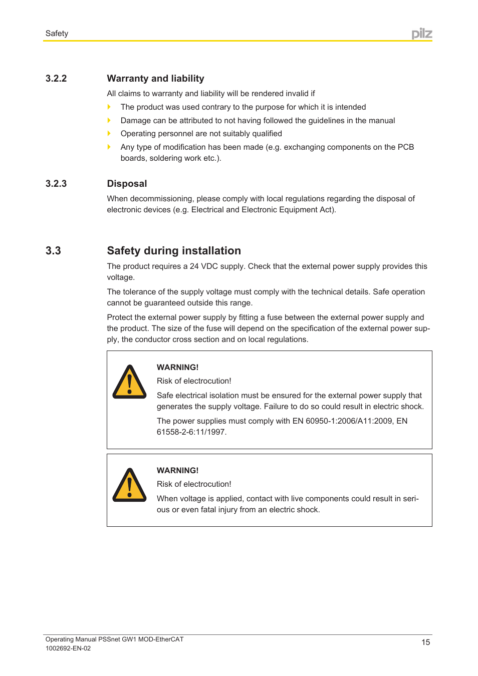 2 warranty and liability, 3 disposal, 3 safety during installation | Warranty and liability, Disposal, Safety during installation | Pilz PSSnet GW1 MOD-EtherCAT User Manual | Page 15 / 39