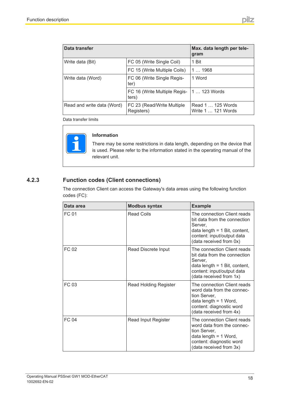 3 function codes (client connections), Function codes (client connections) | Pilz PSSnet GW1 MOD-EtherCAT User Manual | Page 18 / 39