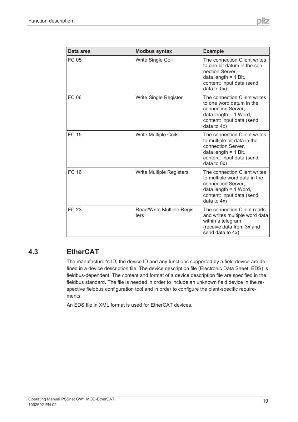 3 ethercat, Ethercat | Pilz PSSnet GW1 MOD-EtherCAT User Manual | Page 19 / 39