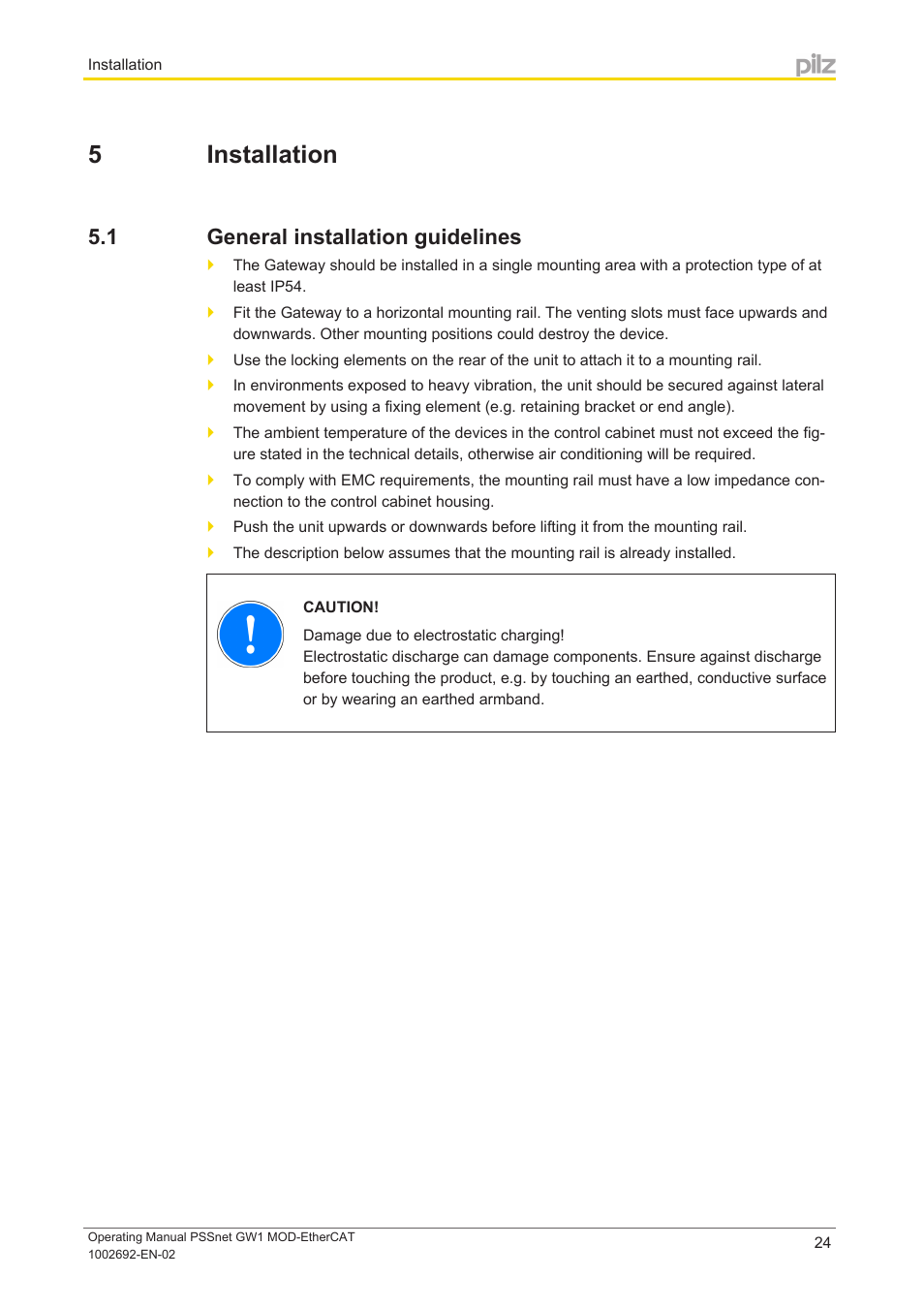 5 installation, 1 general installation guidelines, Section 5 | Installation, General installation guidelines | Pilz PSSnet GW1 MOD-EtherCAT User Manual | Page 24 / 39