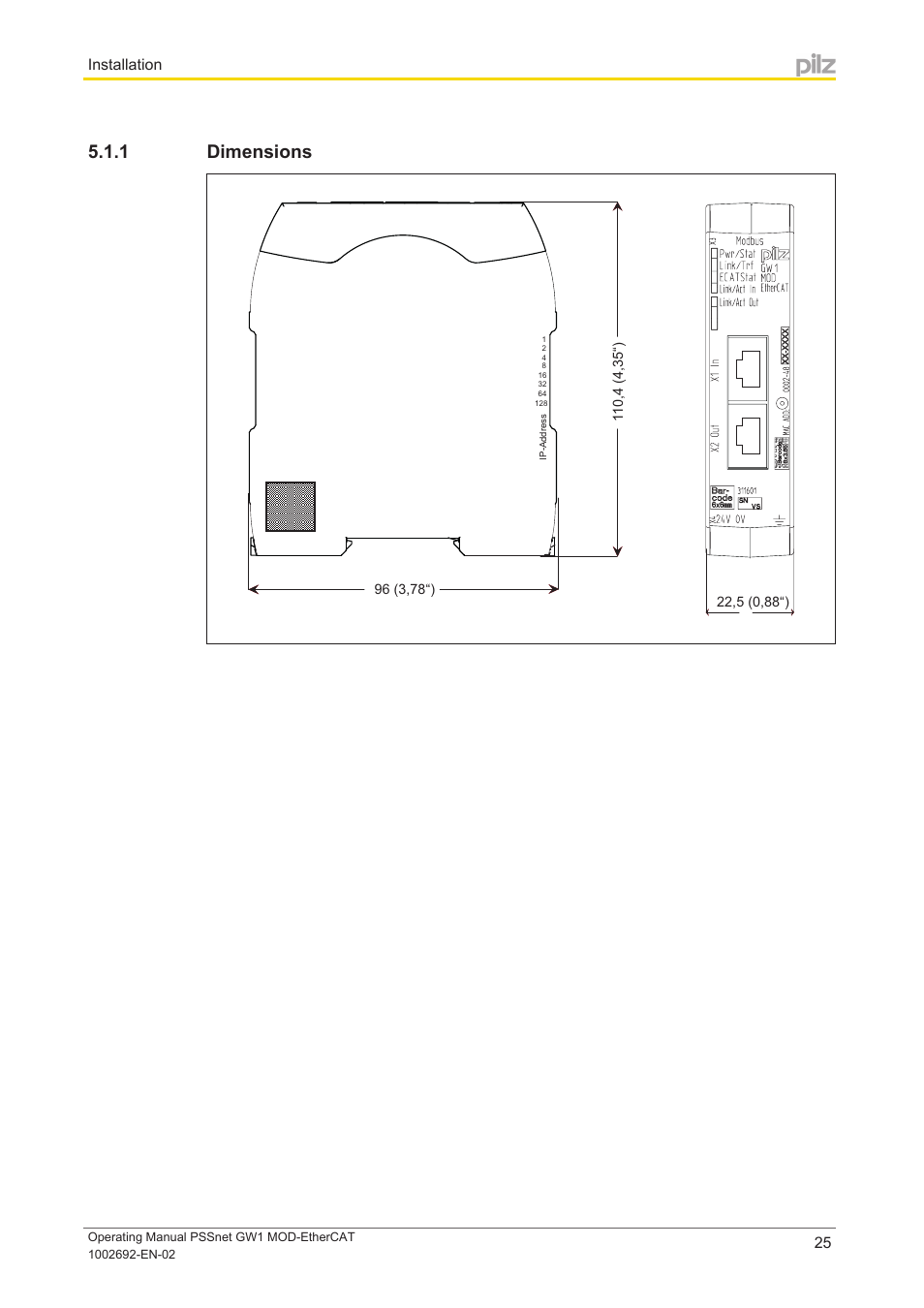 1 dimensions, Dimensions, Installation | Pilz PSSnet GW1 MOD-EtherCAT User Manual | Page 25 / 39