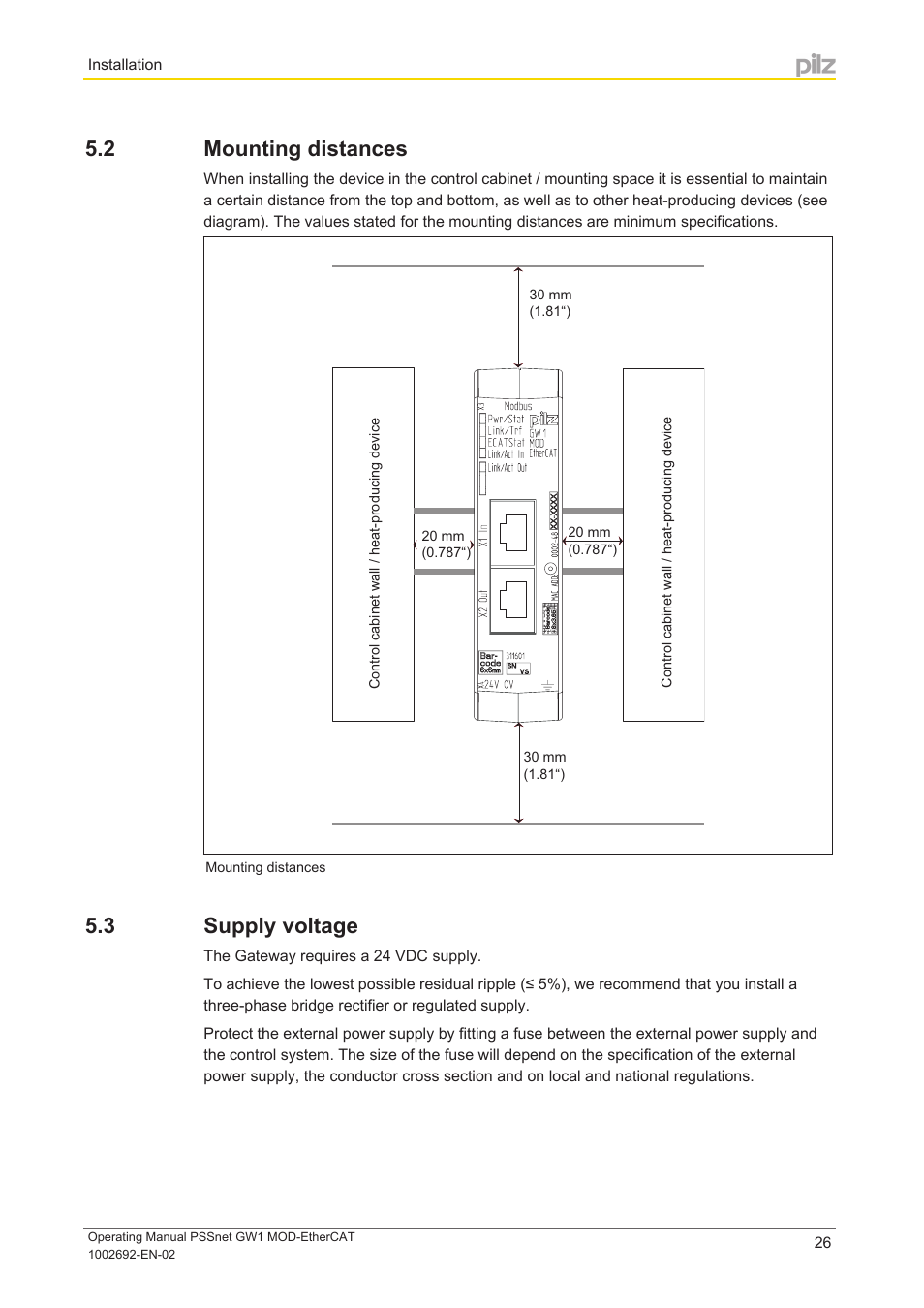 2 mounting distances, 3 supply voltage, Mounting distances | Supply voltage | Pilz PSSnet GW1 MOD-EtherCAT User Manual | Page 26 / 39