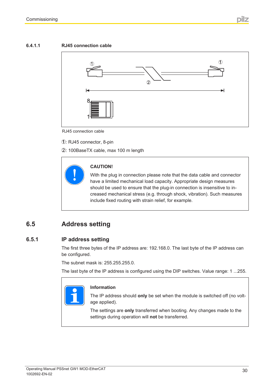 1 rj45 connection cable, 5 address setting, 1 ip address setting | Address setting, Ip address setting | Pilz PSSnet GW1 MOD-EtherCAT User Manual | Page 30 / 39