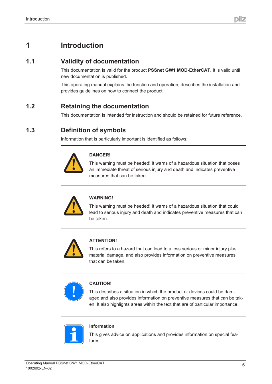 1 introduction, 1 validity of documentation, 2 retaining the documentation | 3 definition of symbols, Section 1, Introduction, Validity of documentation, Retaining the documentation, Definition of symbols | Pilz PSSnet GW1 MOD-EtherCAT User Manual | Page 5 / 39