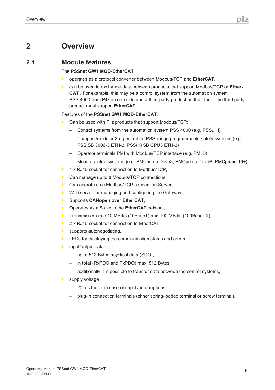 2 overview, 1 module features, Section 2 | Overview, Module features | Pilz PSSnet GW1 MOD-EtherCAT User Manual | Page 6 / 39