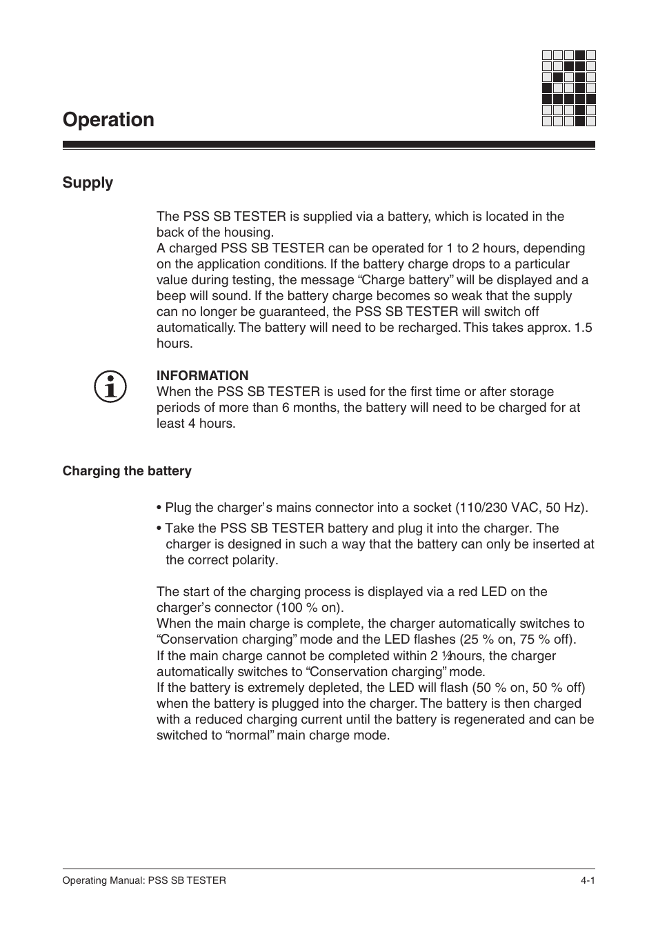 Operation, Supply, Charging the battery | Pilz PSS SB TESTER D User Manual | Page 11 / 47