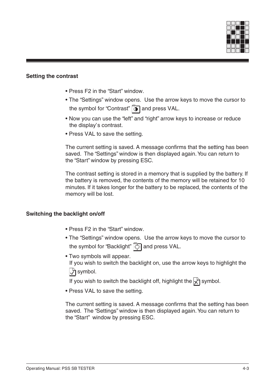 Setting the contrast, Switching the backlight on/off | Pilz PSS SB TESTER D User Manual | Page 13 / 47