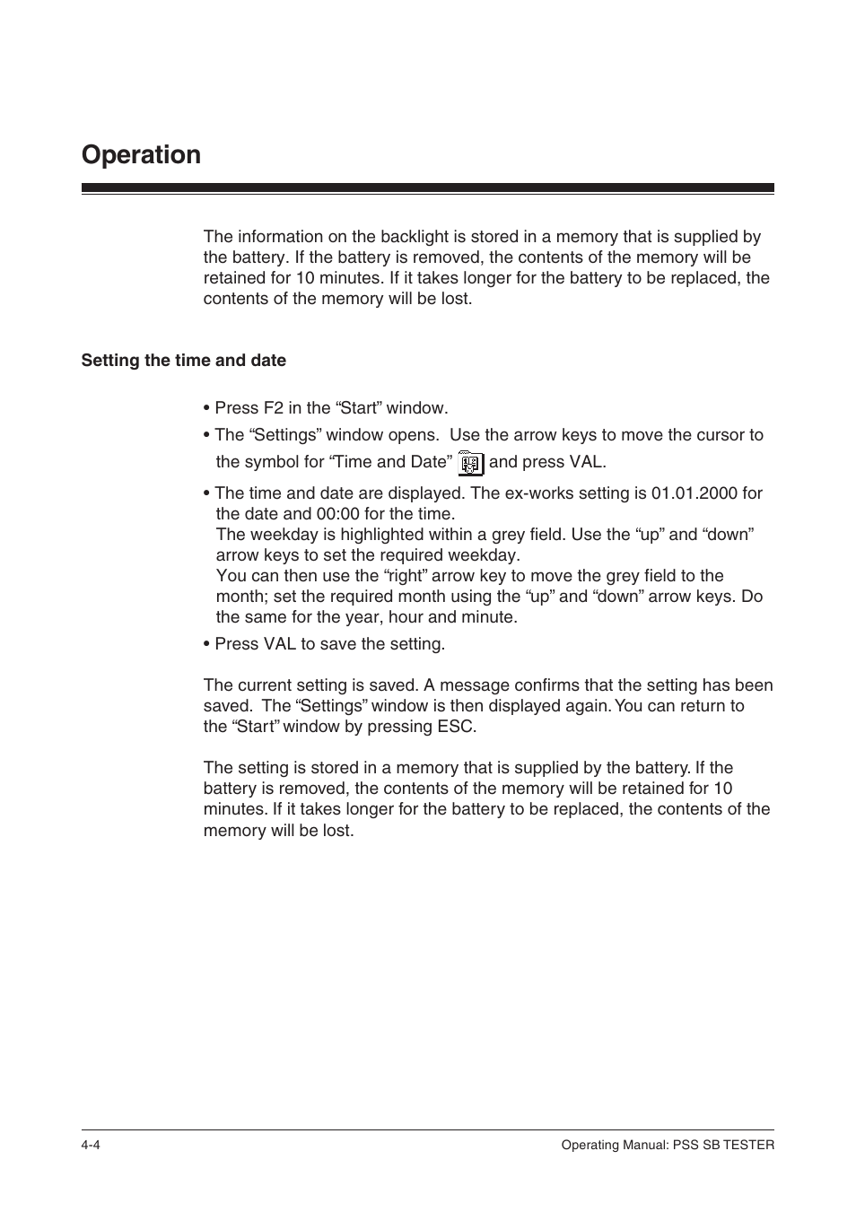 Setting the time and date, Operation | Pilz PSS SB TESTER D User Manual | Page 14 / 47