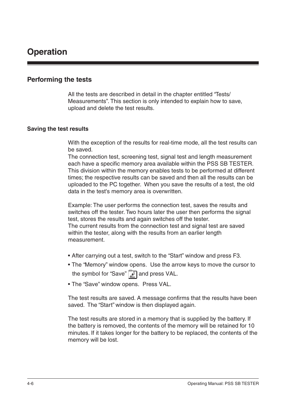 Performing the tests, Saving the test results, Operation | Pilz PSS SB TESTER D User Manual | Page 16 / 47