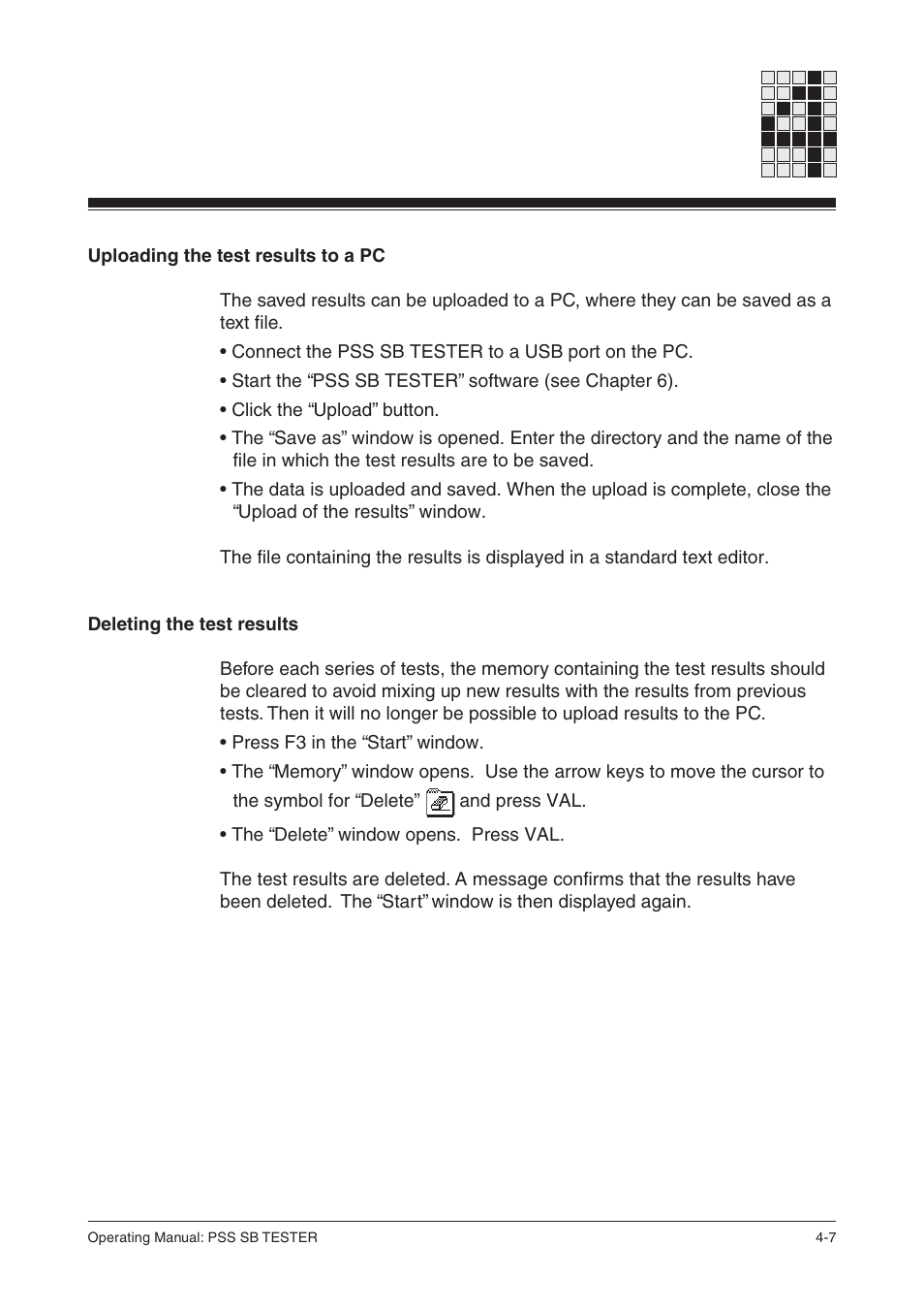 Uploading the test results to a pc, Deleting the test results | Pilz PSS SB TESTER D User Manual | Page 17 / 47