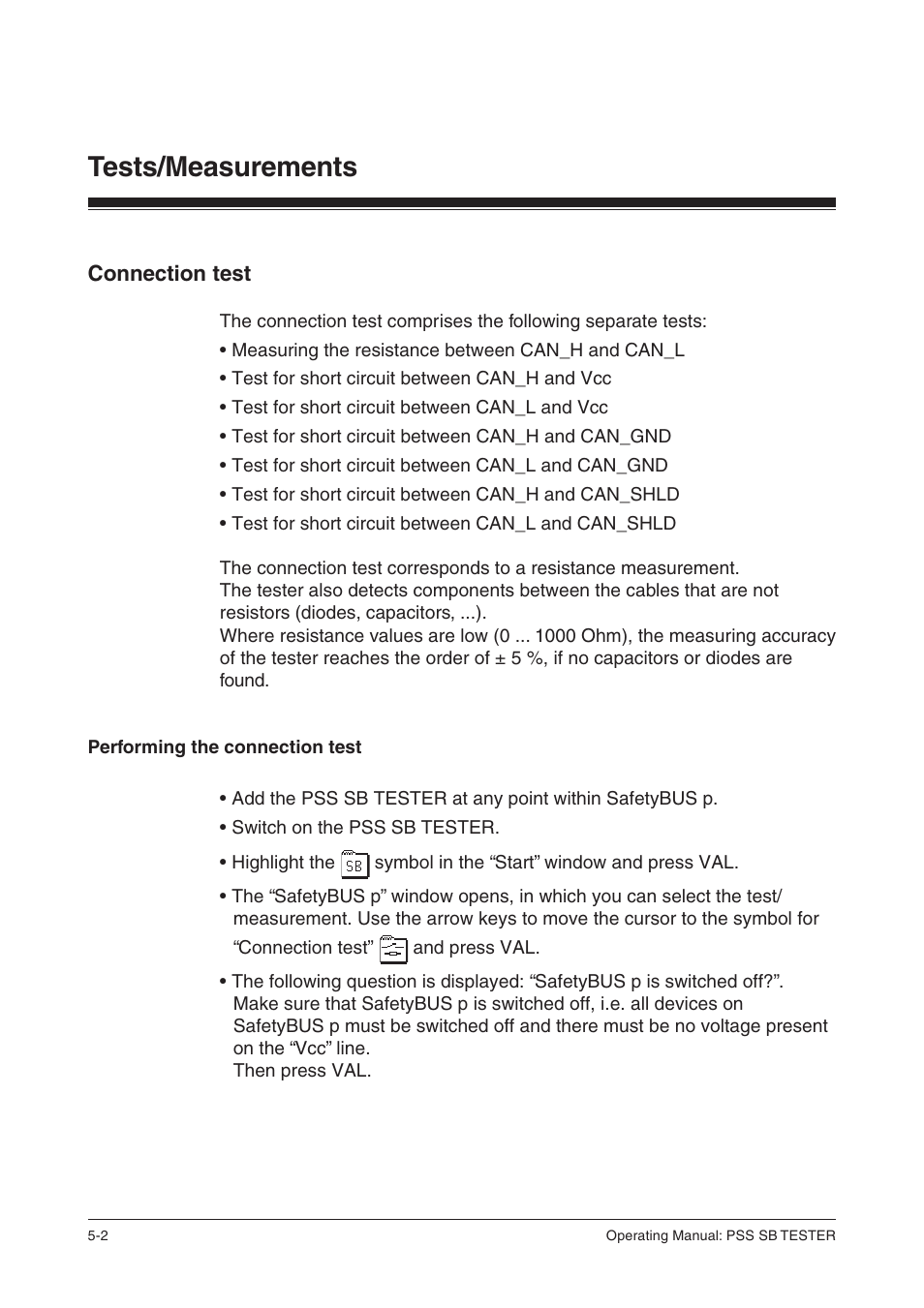 Connection test, Performing the connection test, Tests/measurements | Pilz PSS SB TESTER D User Manual | Page 20 / 47