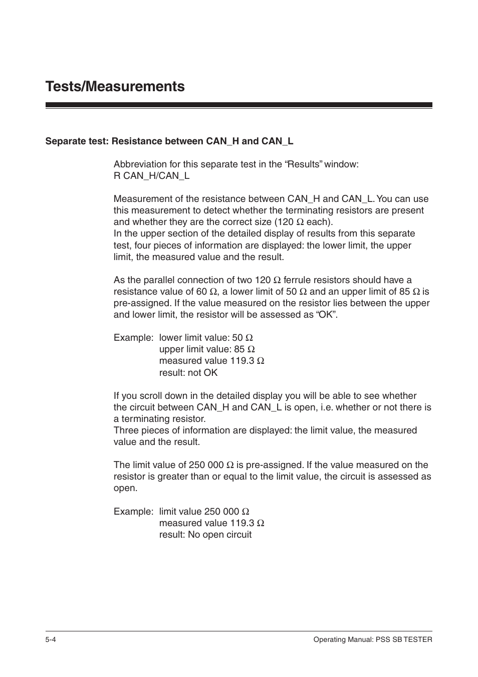 Separate test: resistance between can_h and can_l, Tests/measurements | Pilz PSS SB TESTER D User Manual | Page 22 / 47