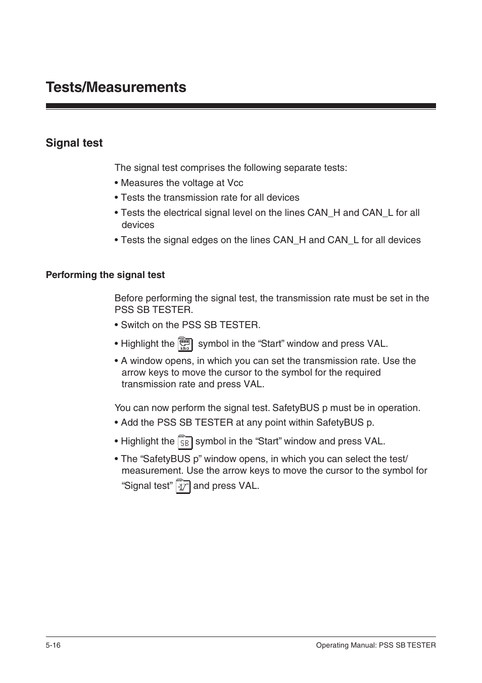 Signal test, Performing the signal test, Tests/measurements | Pilz PSS SB TESTER D User Manual | Page 34 / 47