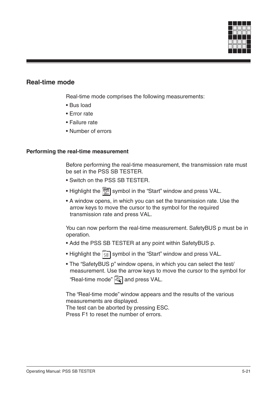 Real-time mode, Performing the real-time measurement | Pilz PSS SB TESTER D User Manual | Page 39 / 47