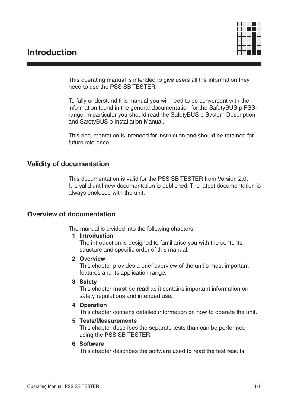 Introduction, Validity of documentation, Overview of documentation | Pilz PSS SB TESTER D User Manual | Page 5 / 47