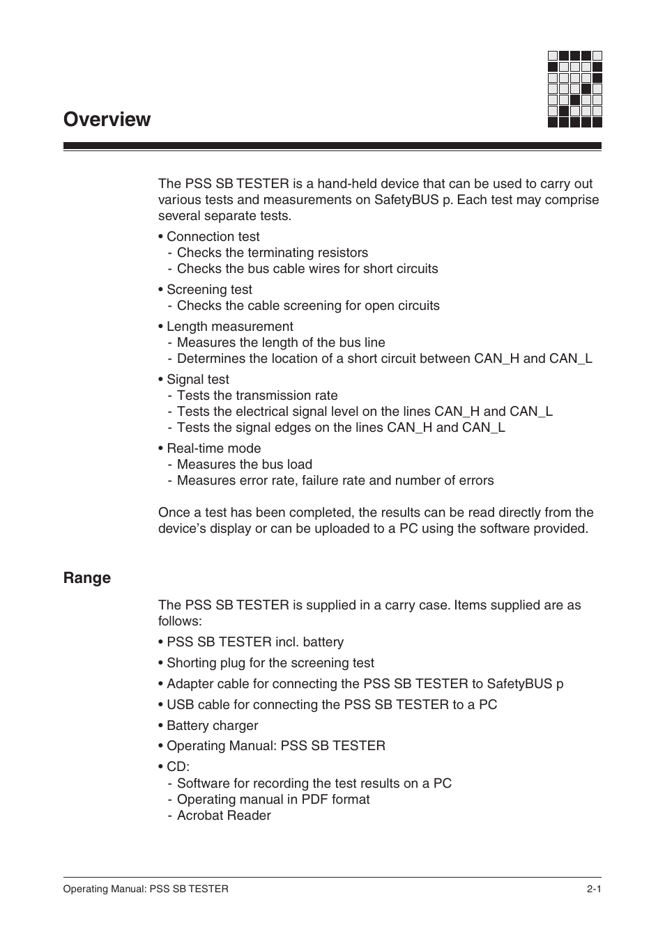 Overview, Range | Pilz PSS SB TESTER D User Manual | Page 7 / 47