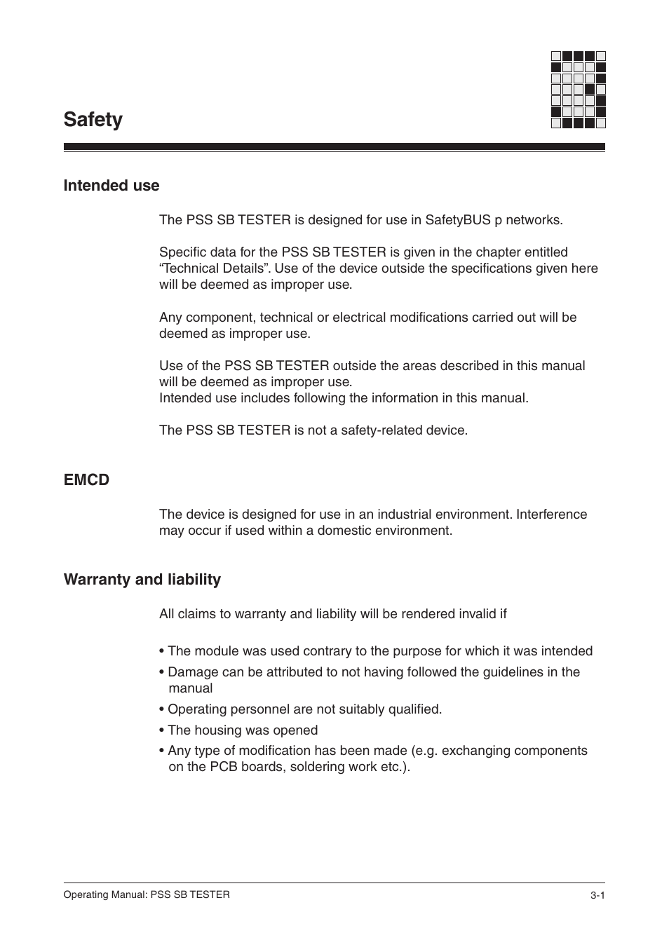 Safety, Intended use, Emcd | Warranty and liability | Pilz PSS SB TESTER D User Manual | Page 9 / 47