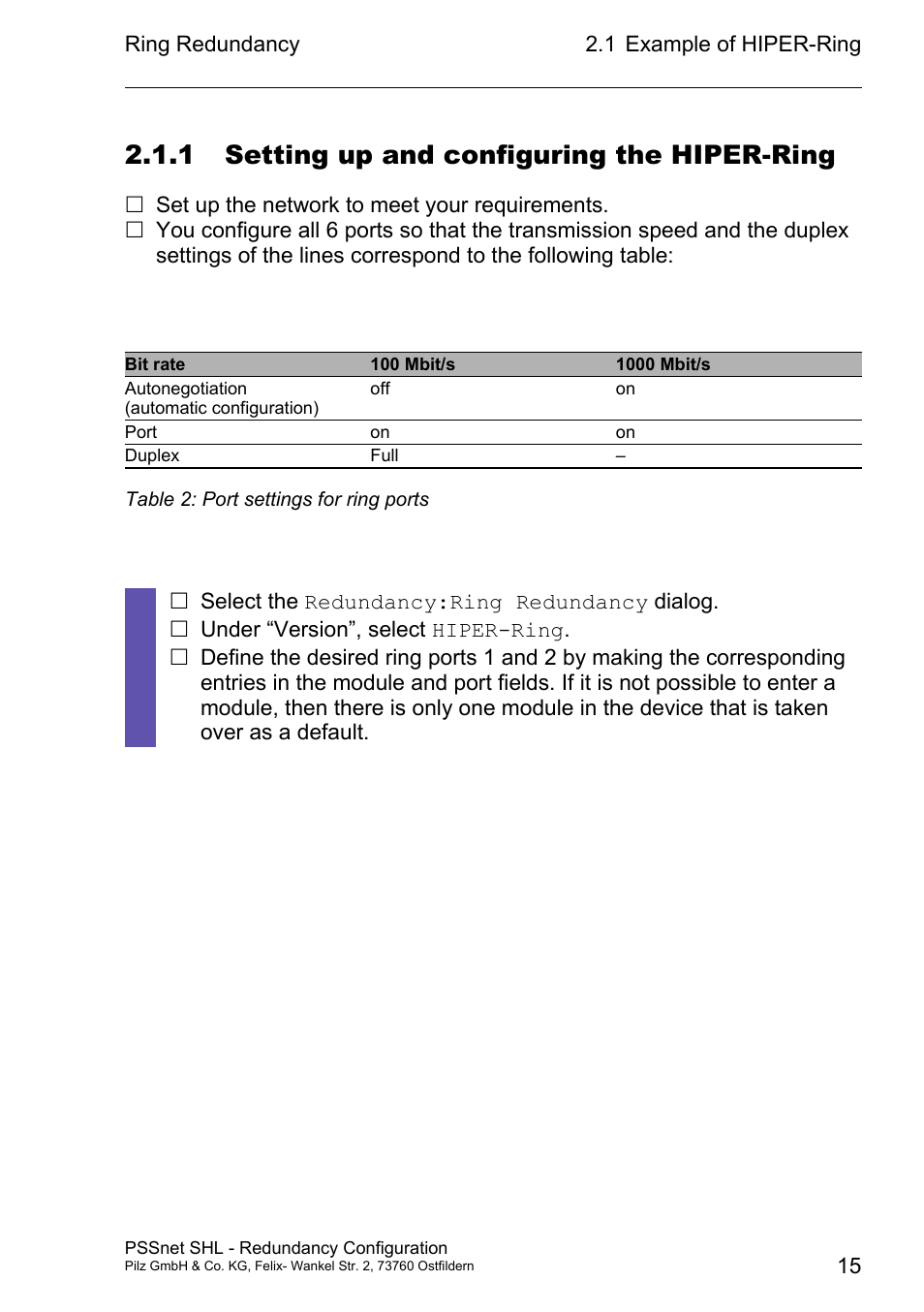 1 setting up and configuring the hiper-ring | Pilz PSSnet SHL 8T MRP User Manual | Page 15 / 86