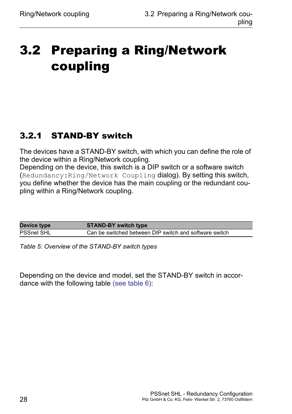 Preparing a ring/network coupling, 1 stand-by switch, 2 preparing a ring/network coupling | Pilz PSSnet SHL 8T MRP User Manual | Page 28 / 86