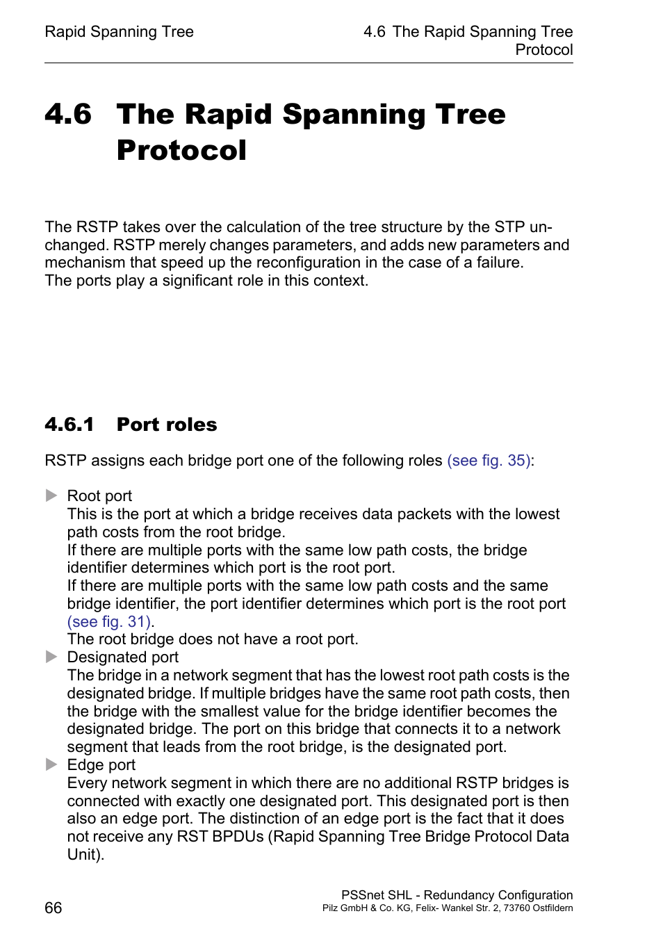 The rapid spanning tree protocol, 1 port roles, 6 the rapid spanning tree protocol | Pilz PSSnet SHL 8T MRP User Manual | Page 66 / 86