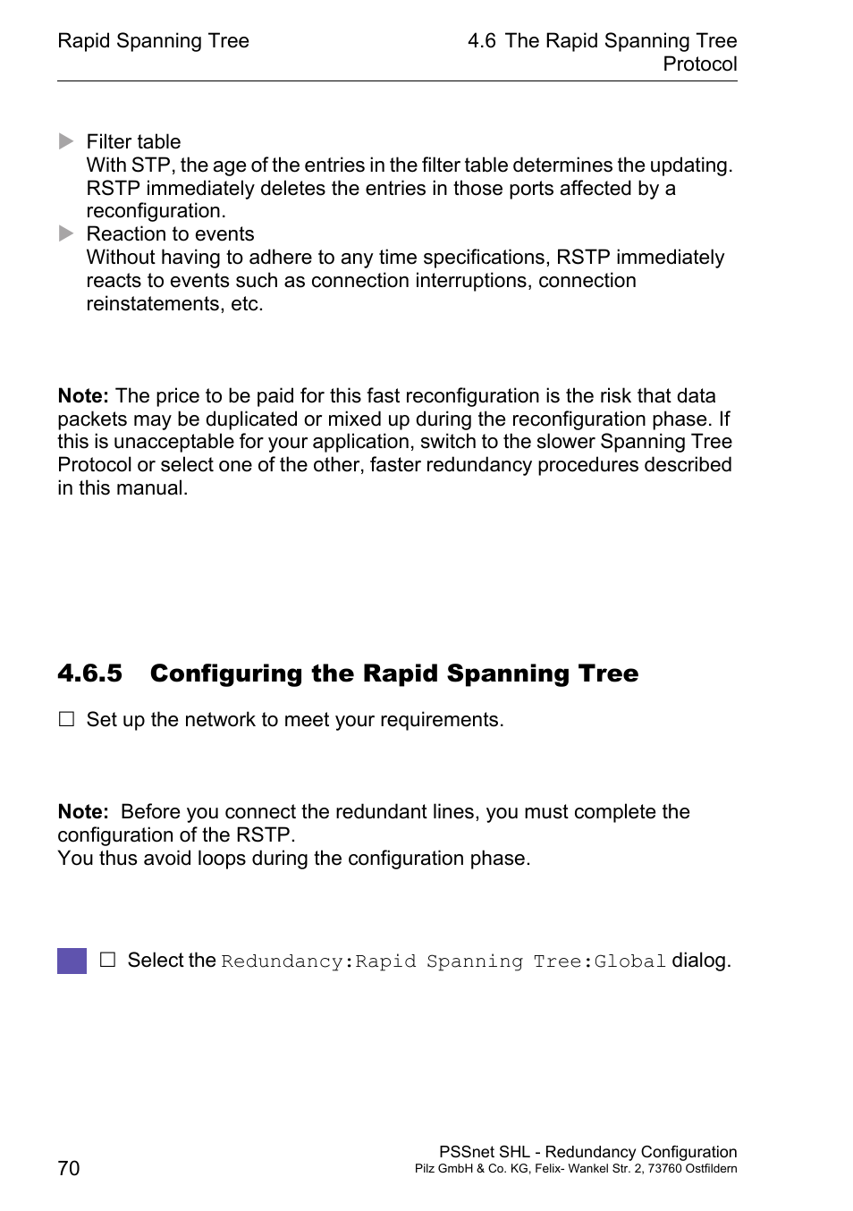 5 configuring the rapid spanning tree | Pilz PSSnet SHL 8T MRP User Manual | Page 70 / 86