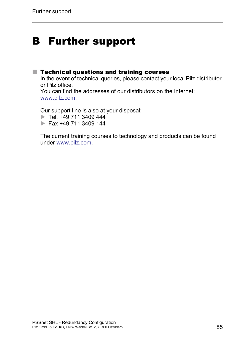 Further support, Technical questions, Training courses | B further support | Pilz PSSnet SHL 8T MRP User Manual | Page 85 / 86